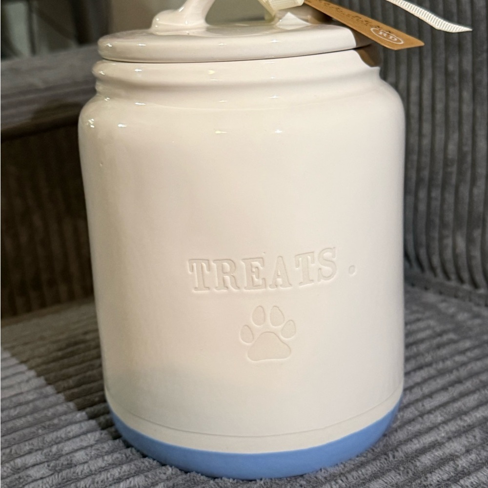 Rae Dunn White Ceramic Treats Jar with Blue Base for Pet- New